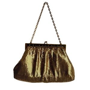 Whiting & Davis Vintage‎ Gold-Tone Mesh Clutch with Black Stone Detail